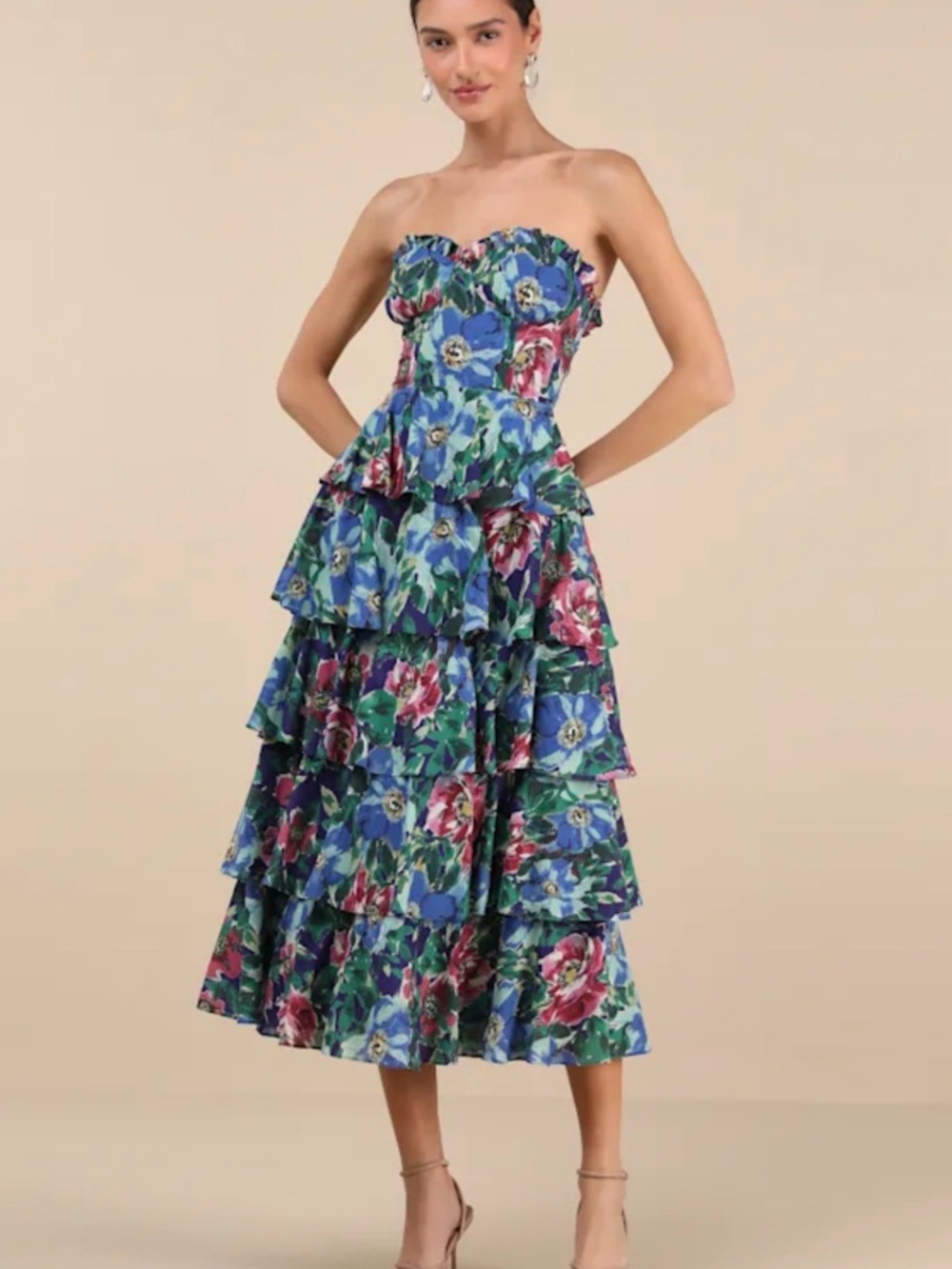 Lulu's Blue, Green & Pink Strapless Tiered Floral Midi Dress